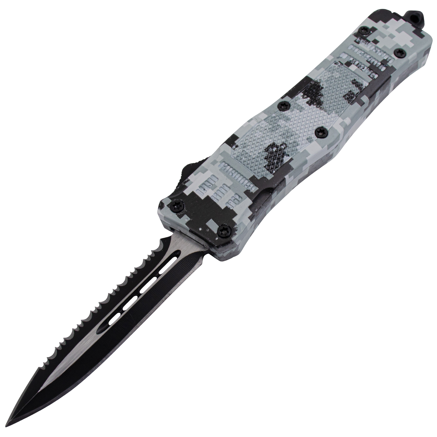 Covert OPS USA OTF Automatic Knife 7 Inch Overall Half Serrated BW Camo